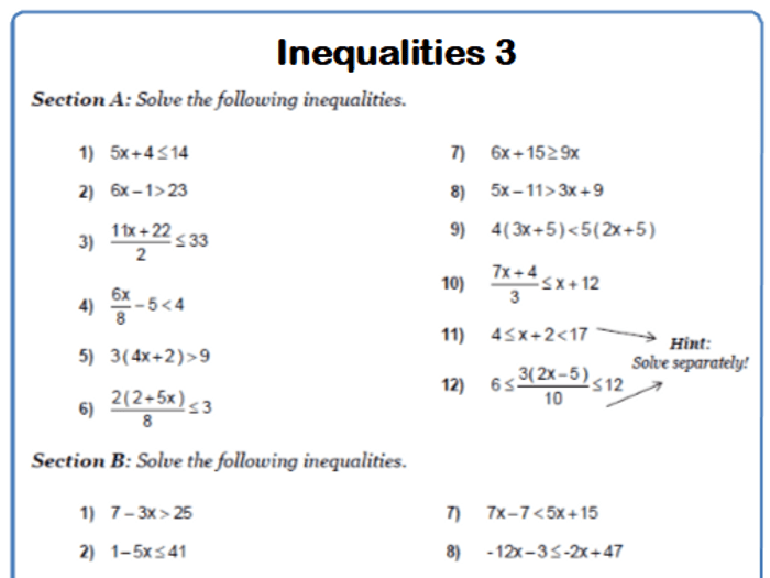 Inequalities algebra worksheets worksheet printable math grade print equations solving 7th practice pdf maths worksheeto